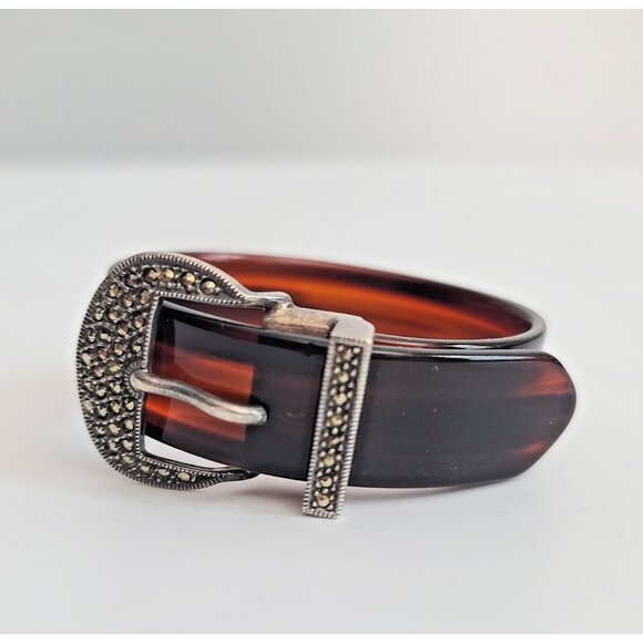 Judith Jack Sterling Silver 925 Buckle Bangle w Marcasite on Tortoise Lucite - Picture 1 of 7